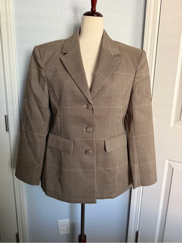 SER.O.YA Brown Plaid Blazer L Tailored Glen Check Quiet Luxury Jacket - Image 2