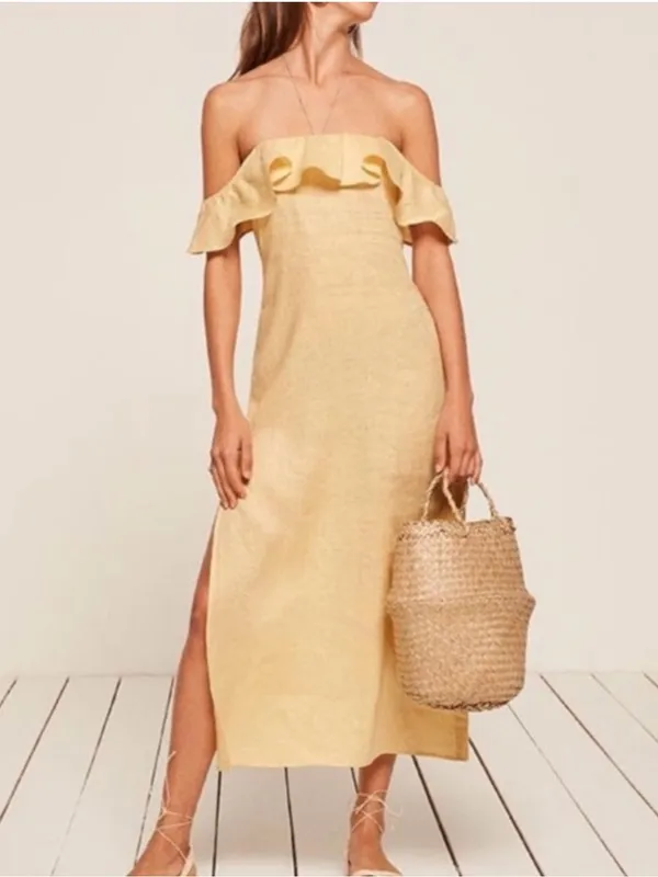 Reformation Madrid Buttercup Yellow Linen Off Shoulder Slit Ruffle Midi Dress - Image 2