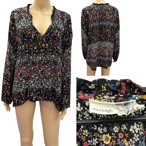 Everleigh Floral Paisley Peasant Blouse Long Sleeve Black Multicolor Womens XL - Image 5
