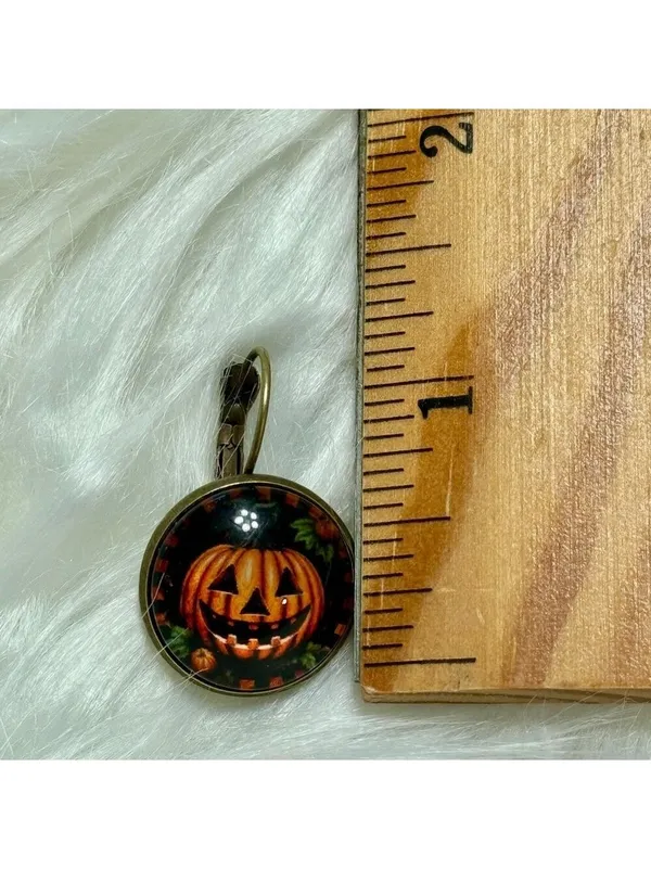Halloween Pumpkin Jack O Lantern Dangle Earrings Black Orange - Image 4