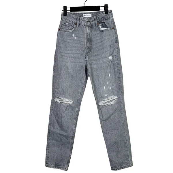 ZARA Straight Leg High Waisted Distressed Jeans Raw Hem 2 Rinsed Black #3900 - Image 2