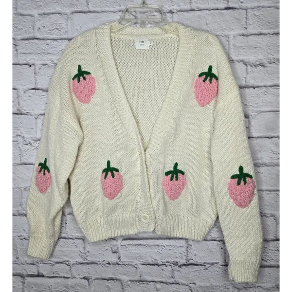 Luna Ivy Oversized Cream Strawberry Knit Cardigan Sweater Womens Medium Preppy - Image 3