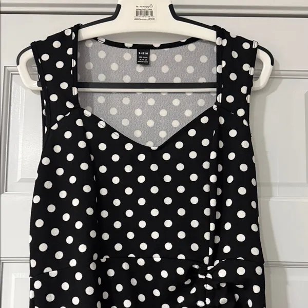 SHEIN Black and White Polka Dot Midi Dress Drawstring Split Thigh Size XL - Image 3