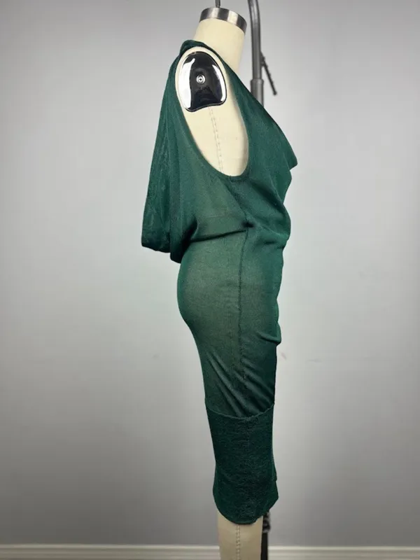 BeBe Y2K Green Cowl Neck Drape Back Bodycon Midi Dress Size S - Image 4