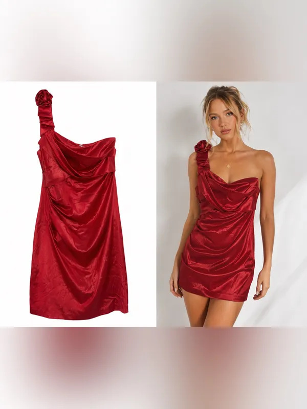 As U Wish Red Satin Rosette Mini Dress Size 7 Homecoming One Shoulder - Image 2