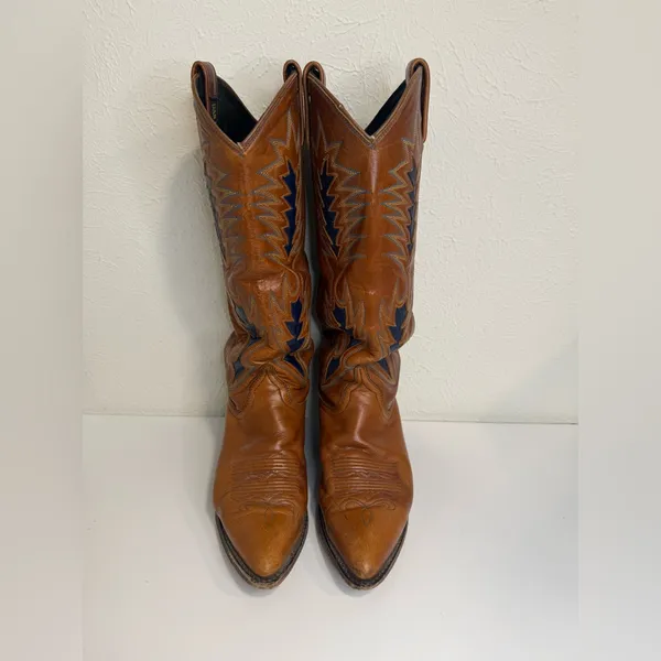Vintage Dan Post Leather Cowboy Boots – Brown w/ Blue Stitching – Women’s 6.5-7 - Image 2