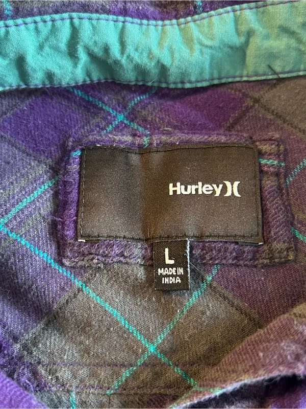 Hurley purple gray blue plaid flannel long sleeve metal stud pocket flaps size L - Image 6