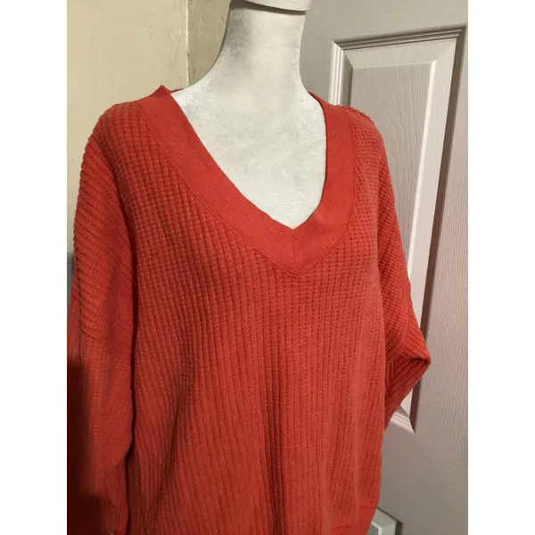 American Eagle Sweater Womens XS Orange Waffle Knit V Neck Pullover Oversized - Image 2