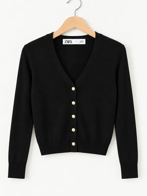 ZARA Black Classic Knit Cardigan Metallic Gold Snap Button V-Neck Sweater Small - Image 4