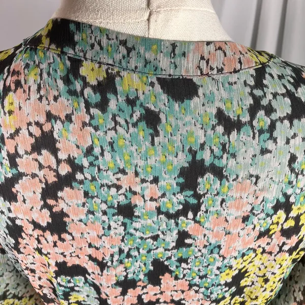 LOFT‎ Size 4 Floral Midi Dress Grey Pastel Button Front Sheer Lined Long Sleeve - Image 3