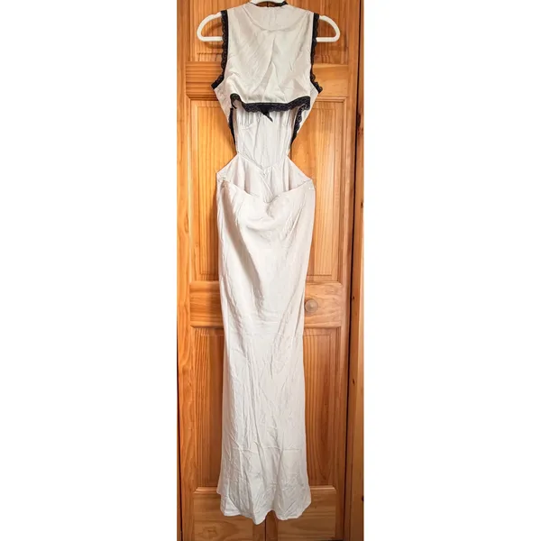 NWT Princess Polly Keila Lace Trim Maxi Dress Cream Black Satin Slip Cutout Sz 6 - Image 5