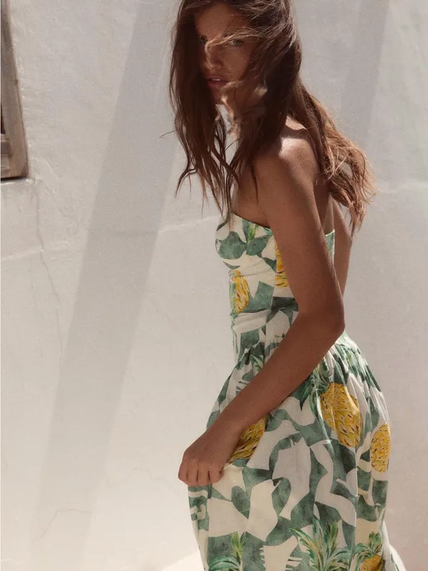Zara Strapless Fruit Print Maxi Dress - Green & Yellow - Image 6