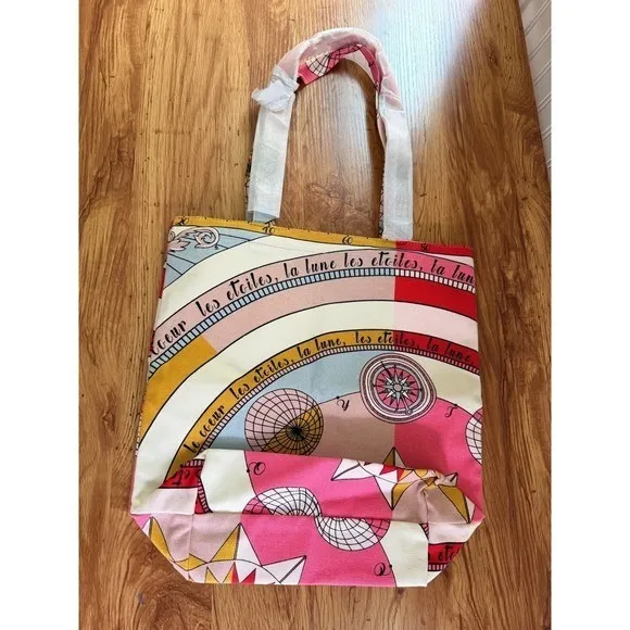 Tory Burch Celestial Canvas Tote Bag Moon Stars Pink Multicolor Large - Image 9