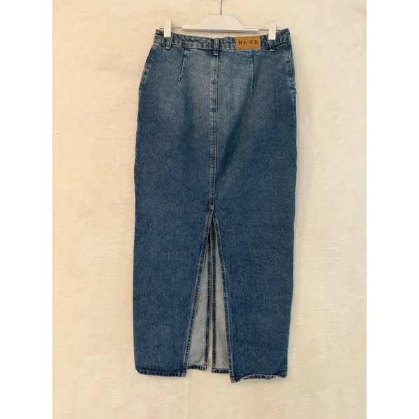 NA-KD Blue Denim Maxi Skirt High Waisted Back‎ Slit Size 38 Medium Wash Long - Image 5
