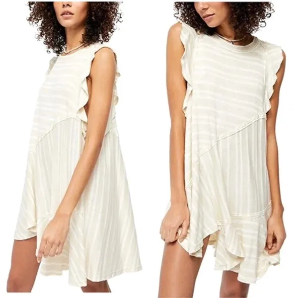 Free‎ People Mini Dress Women Small Beige Stripe Ruffle Sun Valley Boho Tunic - Image 2
