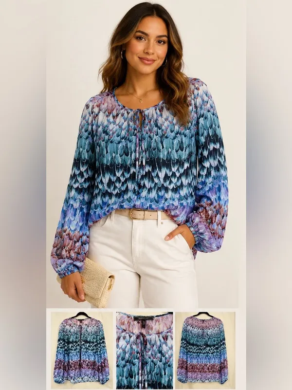 BCBGMAXAZRIA Feather Print Sheer Peasant Blouse Blue Purple Tie Neck Size L - Image 3
