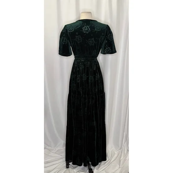 BALTIC BORN Green Velvet Artemis Maxi Dress Tonal Floral Smocked Flutter Small - Image 7