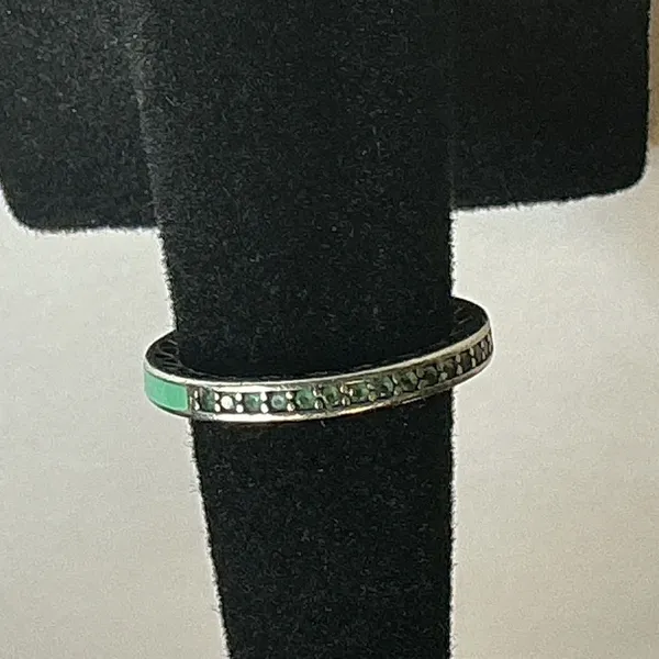 Pandora S925 ALE 48 Sterling Silver Green Enamel Ring Size 4.5 Stack Band - Image 5