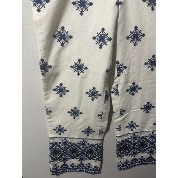 Mango White Blue Geometric Embroidered Wide Leg Cropped Pants Size‎ 4 NWT - Image 5