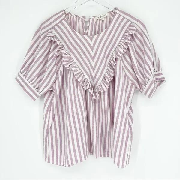 Downeast Brighton Linen‎ Blend Striped Ruffle Blouse Women's Size M Cottagecore - Image 2