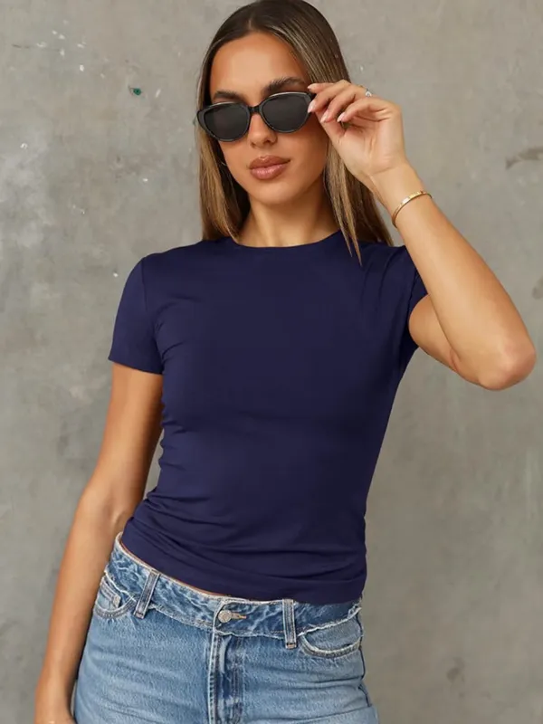 Abardsion Navy Blue Short Sleeve Crew Neck Slim Fit Fitted T-shirt Size Medium - Image 2