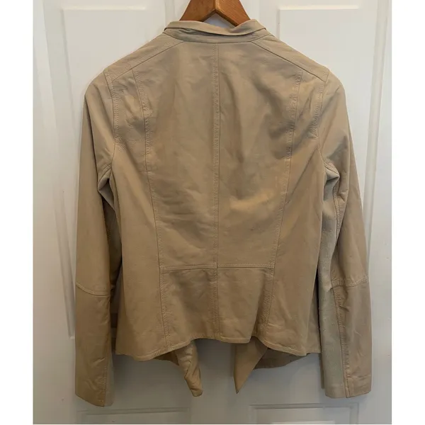 Vince Tan Beige Draped Open Front Leather Jacket‎ Ribbed Knit Sleeve Womens S - Image 7