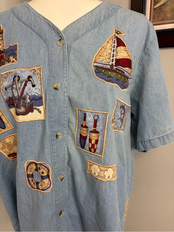 Vintage Quacker Factory womens nautical baseball button up shirt sailboats denim - Image 3