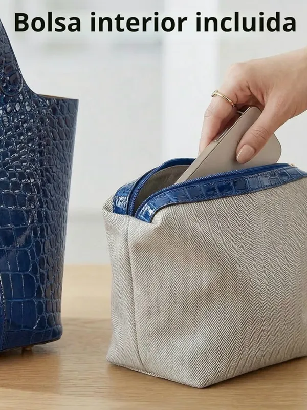 Luxury Navy Blue Croc-Embossed Bucket Bag with Gold Hardware & Charm - Image 5