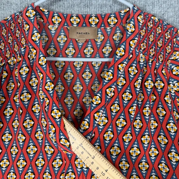 Kachel Size-2 Blouse Red Blue Geometric Diamond 100% Silk Smocked - Image 6