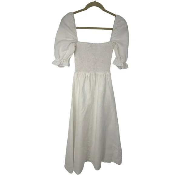 Reformation Marabella Linen Midi Dress White Smocked Puff Sleeve Small Vacation - Image 3