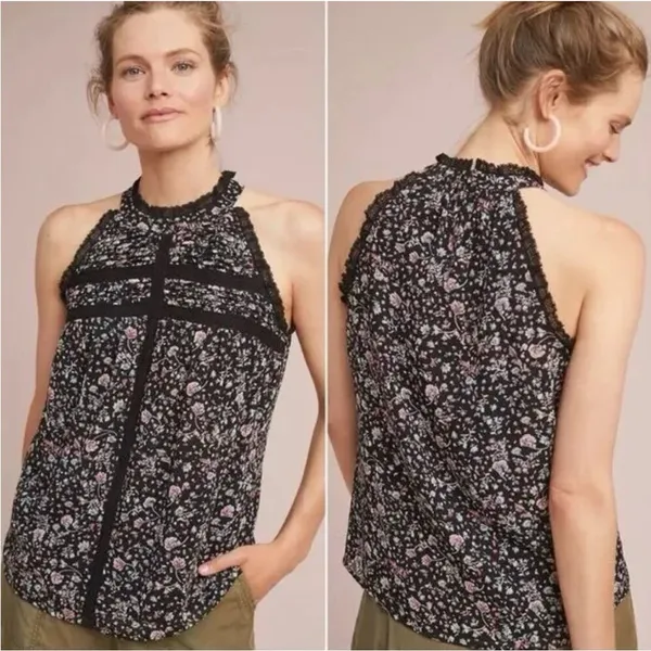 Anthropologie Maeve Lace Ruffle Trim Floral Sleeveless Halter‎ Neck Top Size XL - Image 2