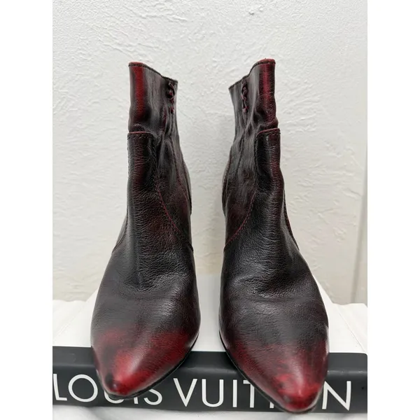 Frye Regina Heel Bootie Women 7.5 Burgundy Leather Pointed Toe Back Zip Heels - Image 4