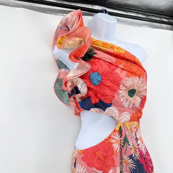 NWT Billy J Amina Floral One Shoulder Cutout Maxi Dress Multi Orange US 4 AU 8 - Image 4