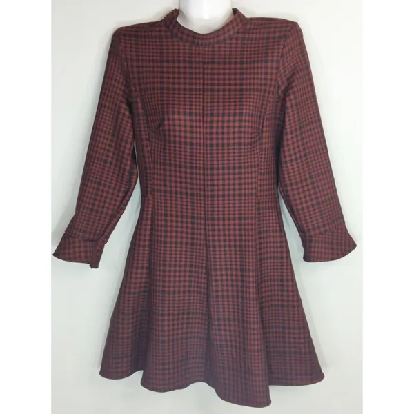Zara Red & Black High Neck Plaid A-Line Mini Dress Women XS Skater‎ Girl Preppy - Image 2