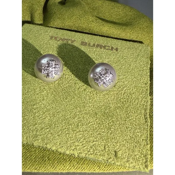 Tory Burch Moondance Pearl and Pavé Stacked T Logo Stud Earrings New Authentic - Image 3