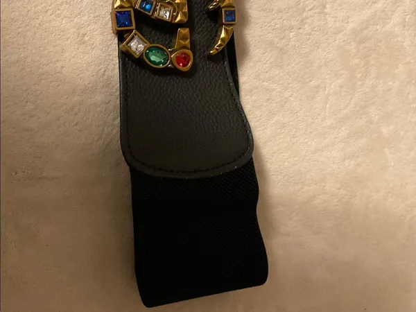 Black Elastic Waist Belt with Jeweled Gold Buckle - Image 4