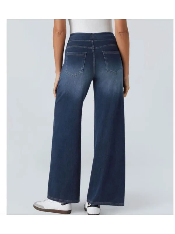 Halara L Wide-Leg High-Waist Denim Pants With Elastic Waistband And Pockets For - Image 3