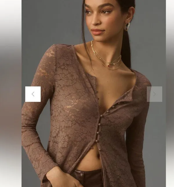ANTHROPOLOGIE Maeve Brown Lace Button Down Blouse Small - Image 4