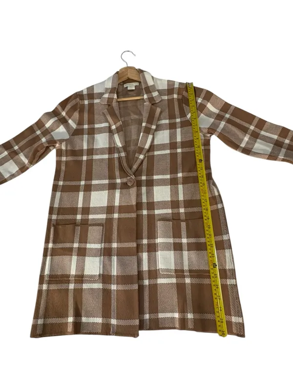Christian Siriano Women L Plaid Knit Blazer Tan Cream Longline Preppy Office - Image 13