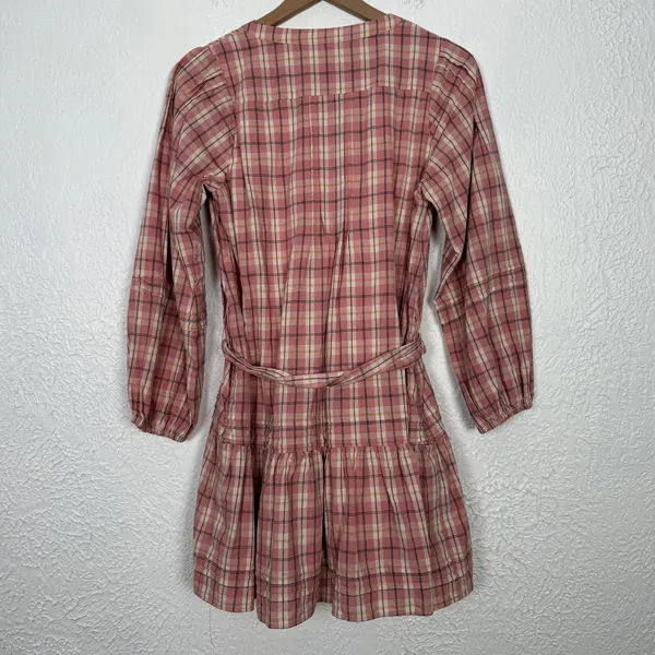 Roller Rabbit Plaid Long Sleeve V-Neck Mini Dress Cotton Pink Size XS - Image 2