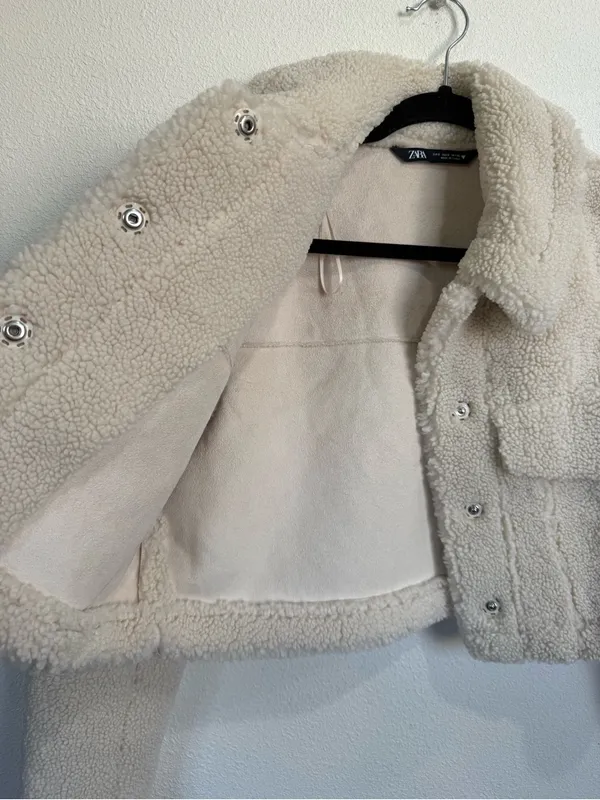 Zara Ivory Teddy Sherpa Cropped Trucker Jacket Quiet Luxury Cozy Winter Sz Small - Image 6