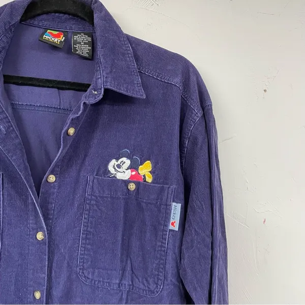 Vintage Disney Blue Corduroy Mickey & Minnie Embroidered Butterfly Down Shirt M - Image 2