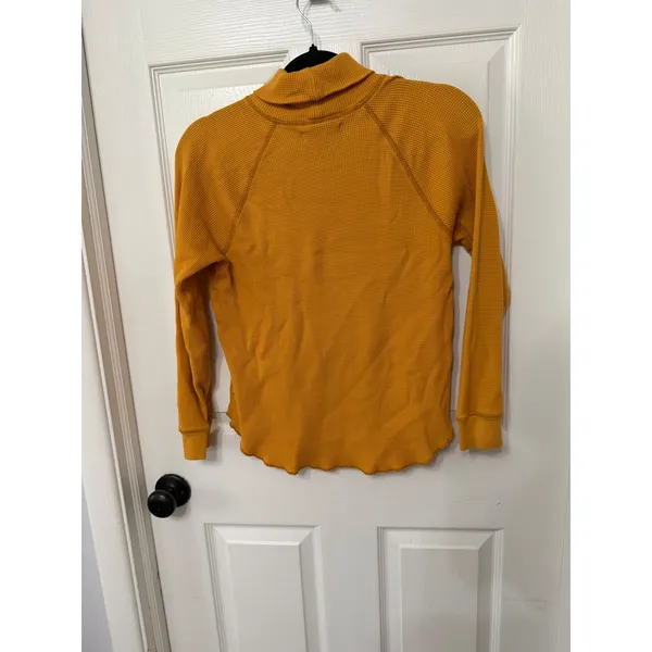 Everlane‎ Organic Cotton Waffle Knit Turtleneck Mustard Yellow Raglan Top Medium - Image 5