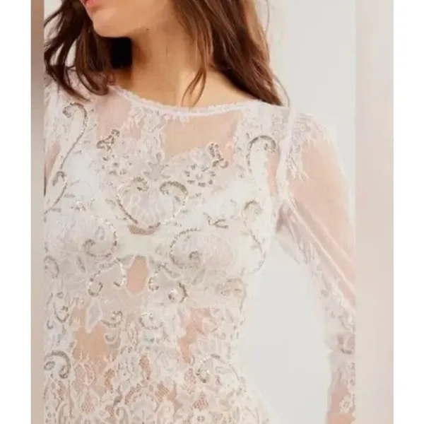 NWT $168 FREE PEOPLE Ready To Party Bodysuit White Embellished Lace Mesh Sheer S - Image 4