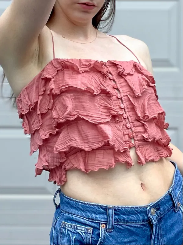 Free People Dusty Rise Pink Bohemian Ruffle Crop Top Small - Image 3