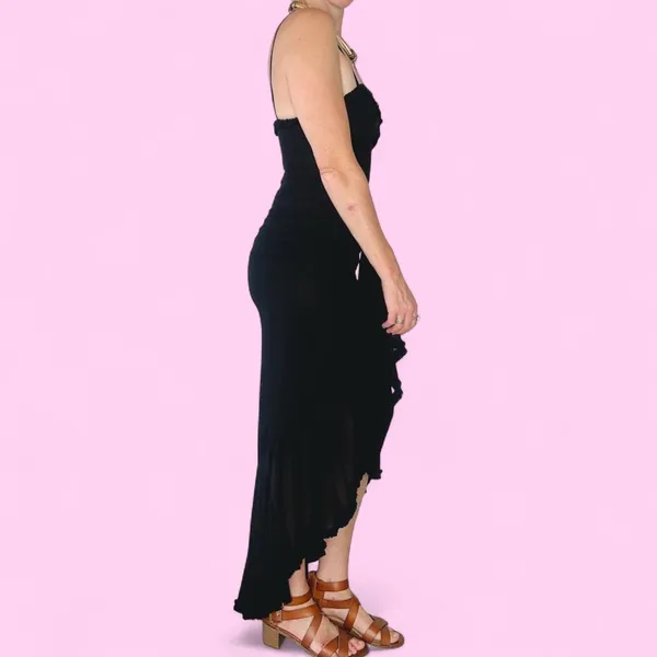 Asymmetrical Ruffle Hem Ruched Mesh Hi-Low Black Glam Party Dress - Image 4