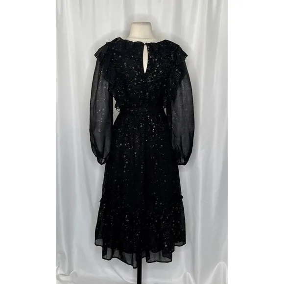 BY THE RIVER Chiffon Midi Dress Ruffled Black Gold Stars Party Glam Star Small‎ - Image 9