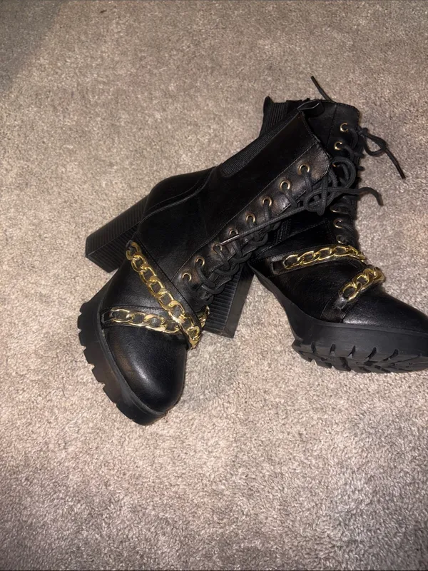 Forever Black Lace-Up Combat Boots with Gold Chain Accent size 7 - Image 4