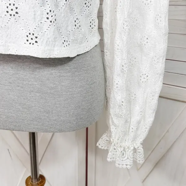 Zara Eyelet Balloon Sleeve Crop Top Shirt White Medium Cottagecore‎ Boho Country - Image 7