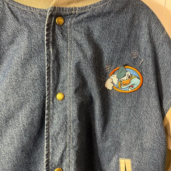 Vintage Disney Donald Duck Varsity Denim Jean And Khaki Jacket With Hood Size M - Image 2